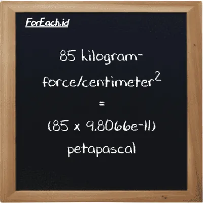How to convert kilogram-force/centimeter<sup>2</sup> to petapascal: 85 kilogram-force/centimeter<sup>2</sup> (kgf/cm<sup>2</sup>) is equivalent to 85 times 9.8066e-11 petapascal (PPa)